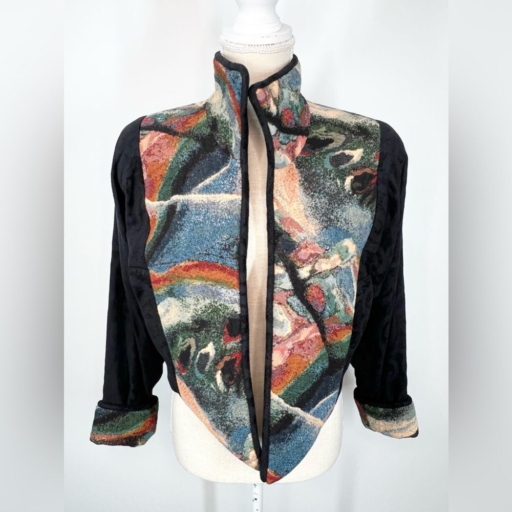 VTG Tzeadle Pasadena Tapestry Art To Wear Cropped Jacket Open Front P Small P